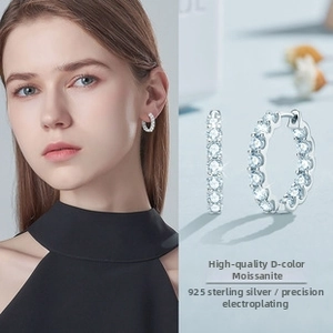 Detail of s925 silver hoop earrings with D color Moissanite and exquisite plating finish