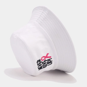 White cotton bucket hat with NEVER GIVE UP embroidery and pink ribbon icon