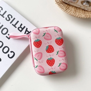 Pink cartoon strawberry and peach rectangular digital storage case with a hand strap