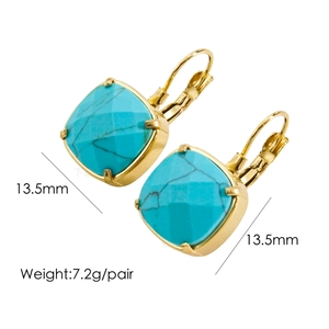 Detail view of 14K gold-plated square turquoise hoop earrings with 13.5mm size specs