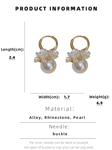 Detail view of pearl and rhinestone flower earrings with dimensions and material specs
