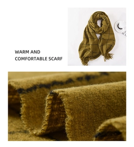 Macro texture of olive green plaid scarf showing premium cashmere wool blend fabric