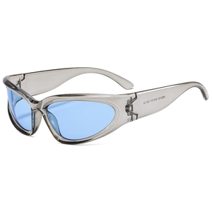 Futuristic Y2K cyber sunglasses with transparent grey frame and light blue lenses