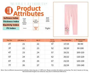 Size chart for girls cotton stretch leggings showing soft fabric and slim fit measurements