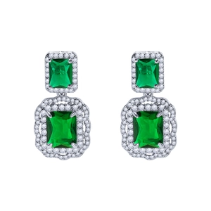Elegant silver square drop earrings with emerald green stone and double halo of white diamonds