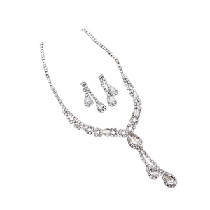 Elegant water drop crystal necklace and earrings set in polished silver finish