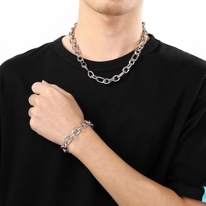 Silver stainless steel chain necklace and bracelet set for men on black background