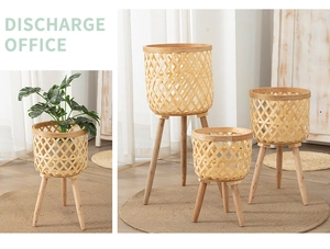 Three-piece set of bamboo woven plant stands with solid wood legs in varied sizes