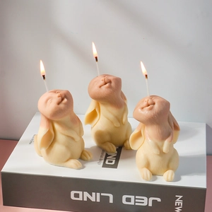 Detailed view of three cute rabbit candles with textures and gradients on a decorative box