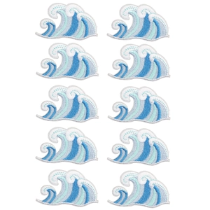 Macro view of 10-piece ocean wave embroidery patches arranged in a clean grid