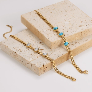 Minimalist gold stainless steel bracelets with oval turquoise and white stone inlay
