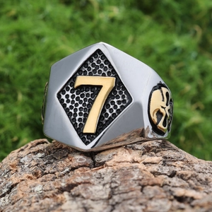 Men's punk style stainless steel ring with lucky number 7 and skull relief on tree bark