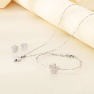 Three-piece silver angel jewelry set featuring minimalist necklace, earrings, and open bangle