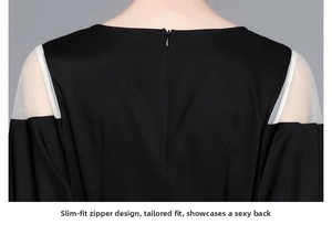 Détail de la robe noire moulante avec fermeture éclair invisible et empiècements en tulle