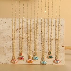 Bohemian gold chain evil eye necklaces with colorful enamel pendants and zircon stones