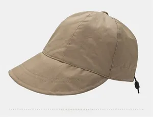 Side view of khaki quick-dry baseball cap featuring long brim and adjustable drawcord