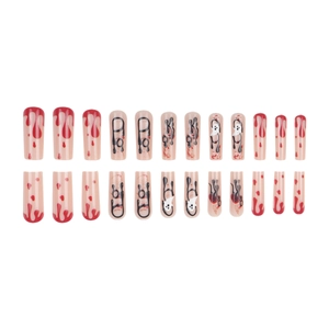 Halloween press-on nails set featuring red blood drips and white ghosts on long square nails