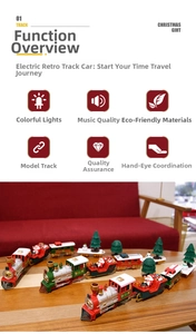 Detail of Christmas electric train set with vintage locomotive and festive music features