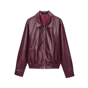 Giacca minimalista in finta pelle bordeaux con cerniera argentata e colletto a rever