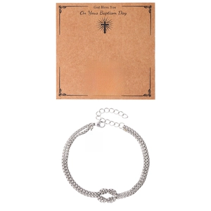 Silver baptism bracelet with cross pendant on brown Kraft card for god bless you gift