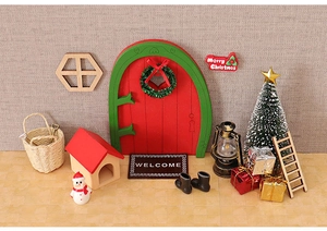 Miniature Christmas wooden door set with wreaths and micro landscape DIY accessories