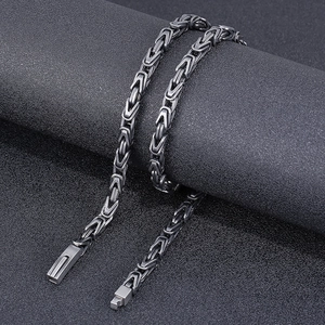 Detailed macro view of 6mm vintage stainless steel Byzantine chain with square clasp