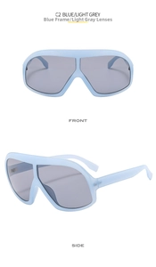 Front and side views of oversized translucent blue shield sunglasses with light grey lenses