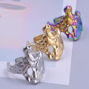 Minimalist irregular liquid metal stainless steel rings in silver, gold and iridescent