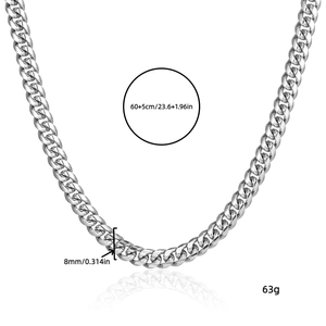 Close-up of silver Cuban link chain with dimensions 60cm length and 8mm width