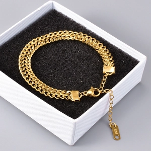 Elegant gold double-layered woven titanium steel chain bracelet with K18 tag