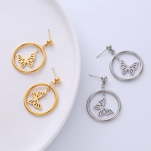 Minimalist stainless steel round earrings with hollow butterfly charms in gold and silver