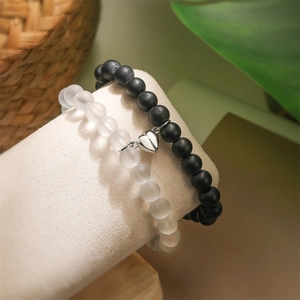Magnetic heart couple bracelets with matte black and white beads for lovers