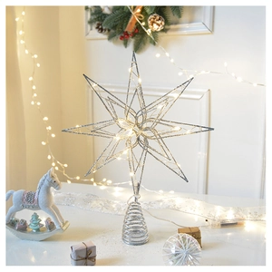 Detailed view of silver hollow star tree topper with warm LED lights and spring base