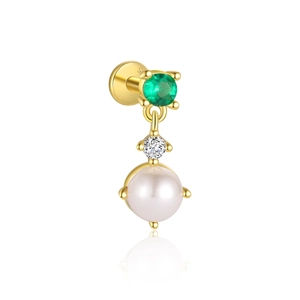 Detailed shot of S925 silver gold stud with green zircon and elegant white pearl pendant
