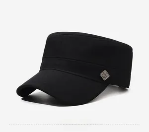 Side view of black cadet cap with stiff brim and square metal side accent