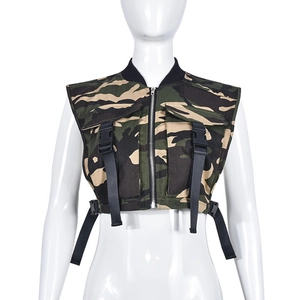 Detailed view of women's camouflage utility vest with adjustable buckles and pockets