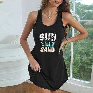 Schwarzes ärmelloses Nachthemd für Damen mit Sun Salt Sand Palmengrafikdruck