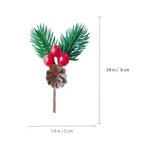 Artificial Christmas pine branch with red berries and pine cone, 9cm holiday decor