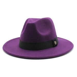 Detailed view of purple wool fedora hat featuring black ribbon and gold M metal buckle