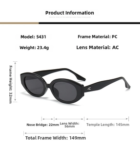 Detailed size chart and technical specifications for Millennium cat eye sunglasses