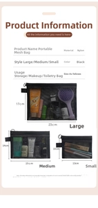 Detailed dimensions and size chart for the portable black nylon mesh cosmetic bag collection