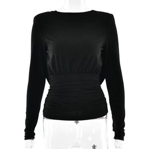 Women's black long sleeve top with chic waist pleats and soft elastic fabric on mannequin
