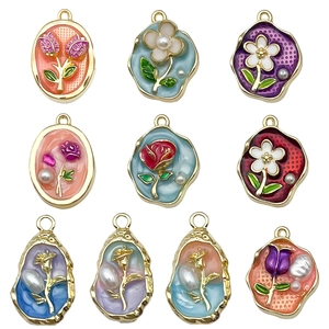 Set of 10 enamel flower charms with pearls and gold frames for DIY jewelry making