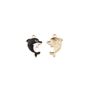Golden dolphin charms with black and white enamel details and textured metal back view