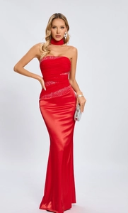Detailed view of red satin slim fit dress featuring exquisite rhinestones and choker neckline