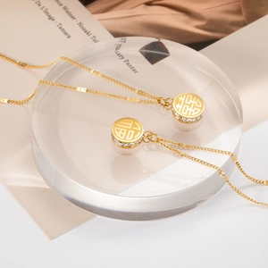 Stainless Steel Pendant Necklace Dual Sided Fu Xi Good Fortune Happiness Symbol Gold Plated Zircon Rhinestone Jewelry
