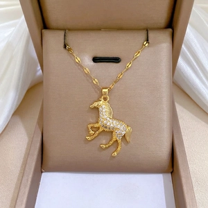 Horse Pendant Necklace Stainless Steel Chain Copper Rhinestone Gold Plated Elegant Jewelry For Women
