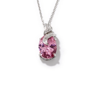 Collier avec pendentif ovale en pierre rose et petits diamants sur chaîne argent