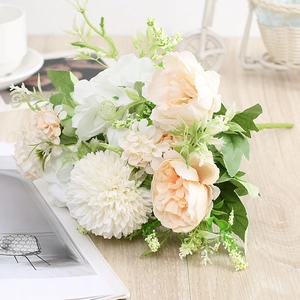 Champagne peony and white pompom mum artificial flower bouquet for home table decor