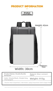 Front view of black large capacity laptop backpack with dual buckles and side pockets